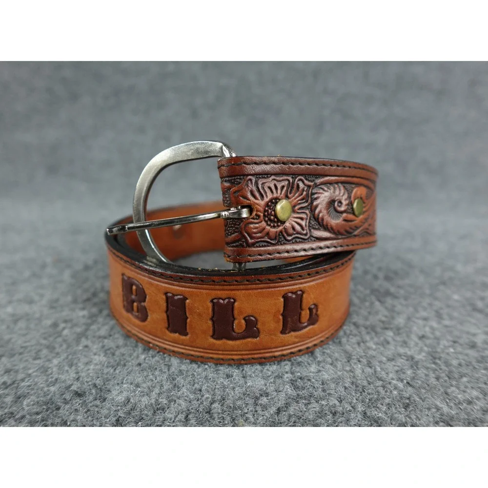 Custom‎ Leather Belt Bill Hand Tooled Western Cowboy Style Silver Buckle
